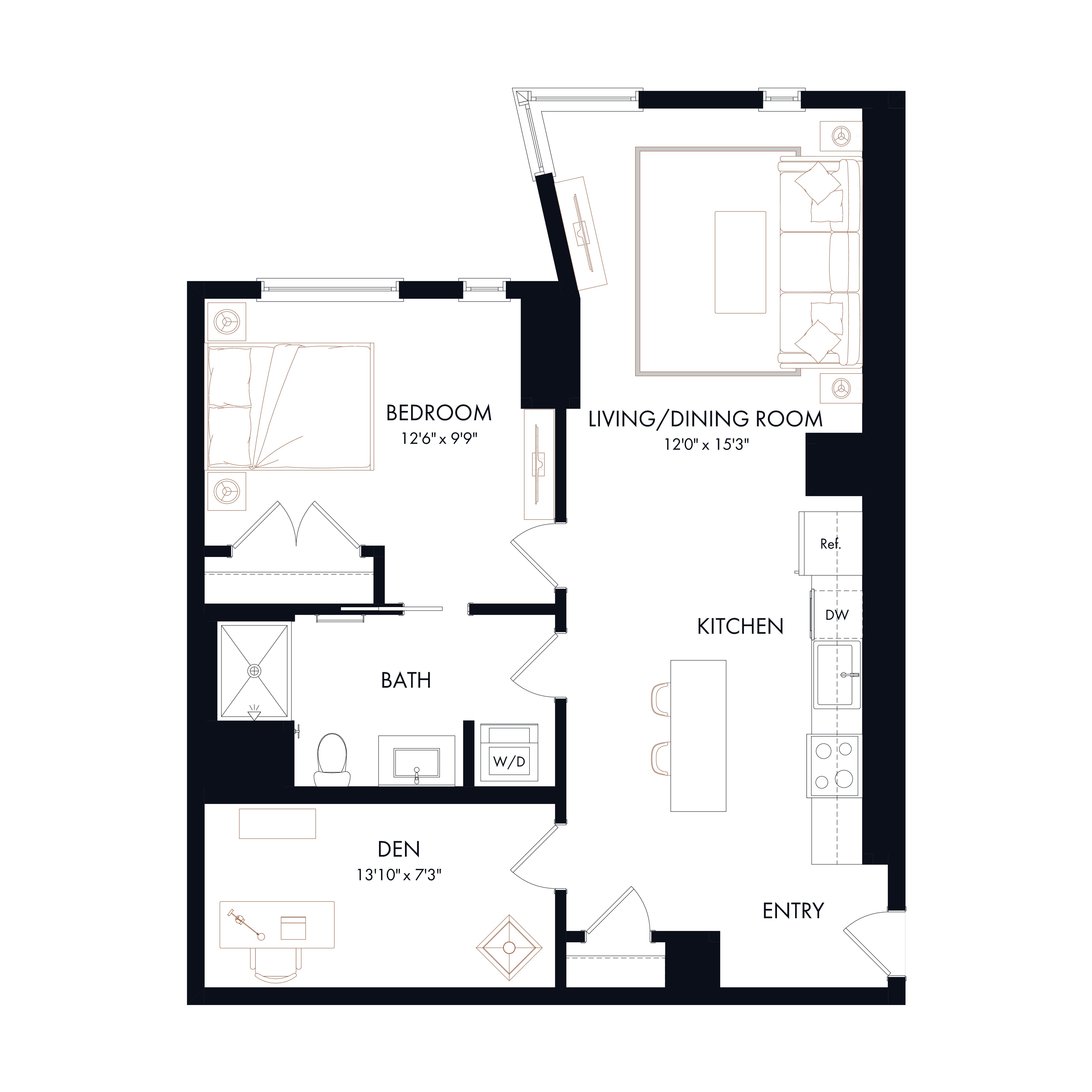 Floor plan layout diagram for AD3 | 1 Bed | 1 Bath | Den